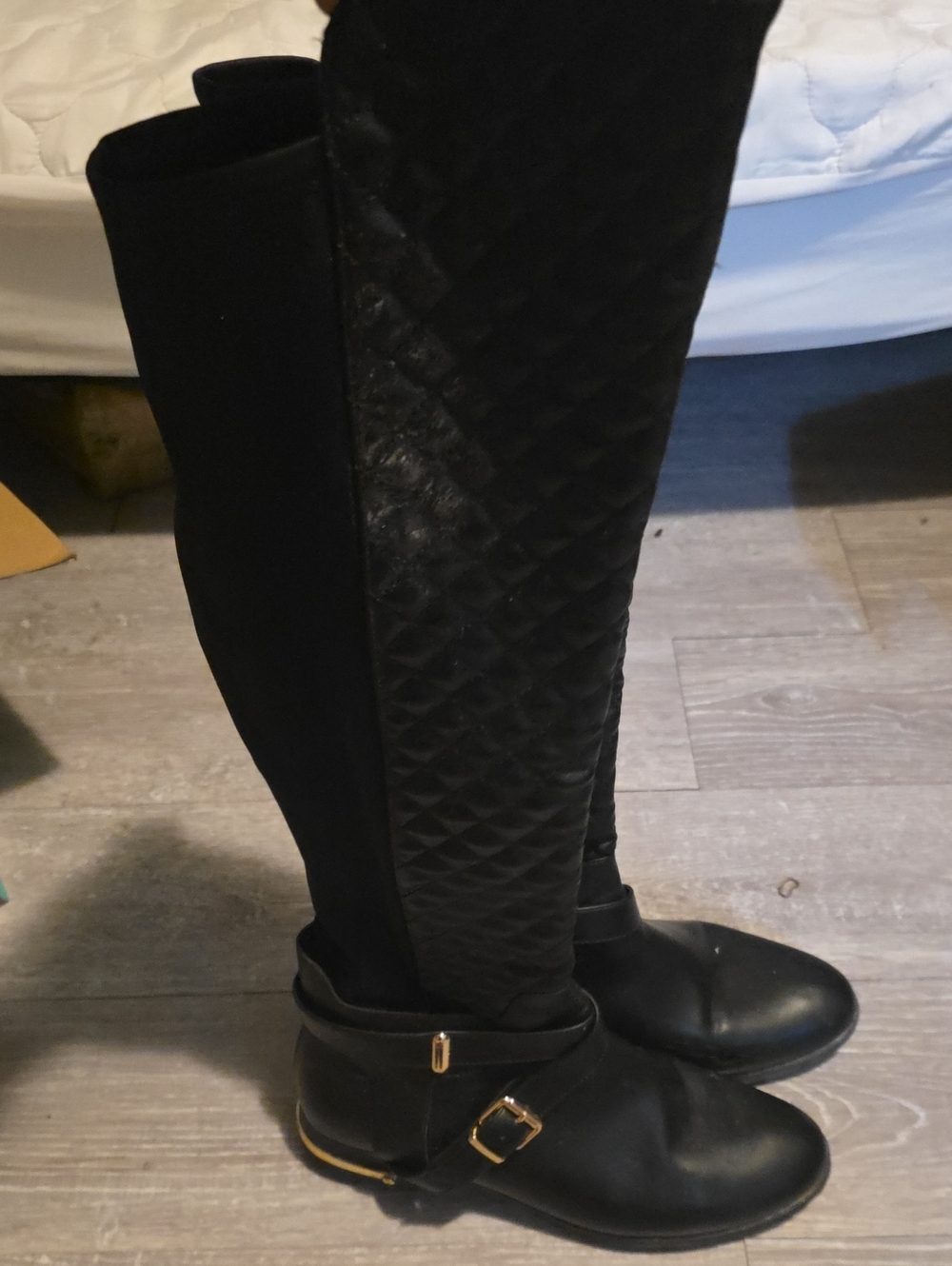JustFab Black Quilted Over-the-Knee Boots with Gold Buckle
